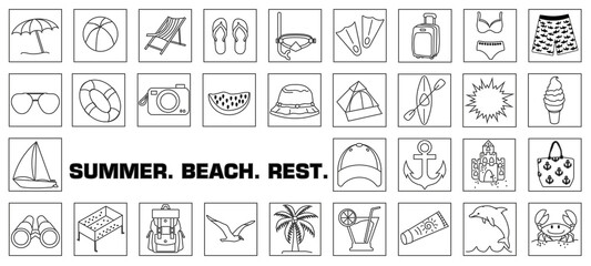 Summer beach. Sea vacation icons set.