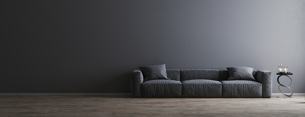 Living room interior design scene with gray sofa and empty gray wall on wooden floor, room interior mock up, empty room interior background, grey empty wall mockup, 3d render
