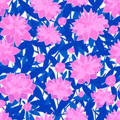 Seamless surface floral pattern of pink peonies and blue leaves. Branch of pink peony flowers on white background for wedding invitations, cards and stationary design. Hand drawn digital design