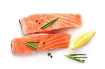 Raw salmon pieces and seasonings