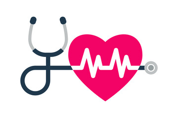 Stethoscope, heartbeat sign and a silhouette of the heart.