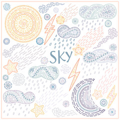 Naklejka premium Weather doodle set: moon, sun, clouds, rain, lightning, stars and snowflakes. Vector illustrations in hand drawn style for posters, prints, cards, fabric, children's books. Cute pastel colors.