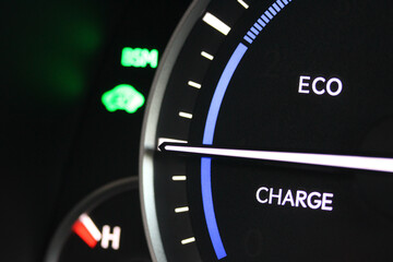 Close up of a hybrid vehicle charge gauge