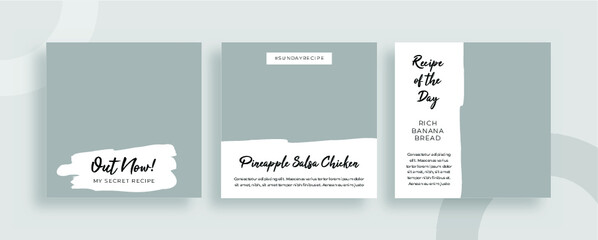 Set of editable templates for Instagram post, Facebook square frame, social media, culinary, advertisement, and business promotion, fresh design with white color and minimalist vector. (1/3)