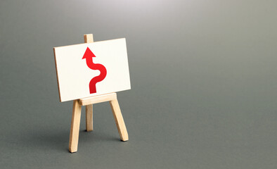 An easel with a red arrow avoiding an obstacle. Purposefulness and perseverance, confident movement...