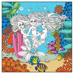 Three beautiful mermaid girls swirl in dance surrounded by fish on underwater world with corals and anemones page for coloring