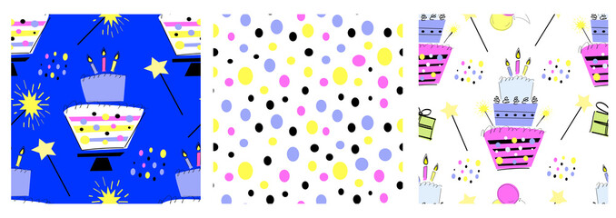 Naklejka premium Set of festive vector patterns. Endless birthday ornament for wrapping paper, banners, invitations, websites and other.