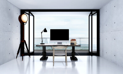 The mock up interior design of modern house and apartment living room and working station and desktop computer and vintage camera and wall pattern texture background and sea view