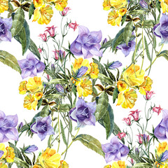  Seamless pattern for fabric.  Watercolor field flowers with meadow bell flowers on white background.