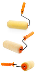 paint roller with orange color handle in different angle on white