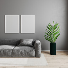Two blank empty white poster frames in modern living room interior background, scandinavian style living room mock up with gray sofa and green plant on wooden laminate floor, 3d render
