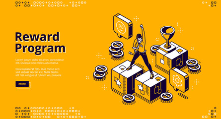 Reward program isometric landing page, loyalty cashback to customer, money back incentive commerce. Customer stand on pedestal at huge gadget with bills, coins and goblet 3d vector line art web banner
