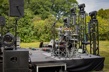 Outdoor drum kit. Live music concert in the park. 
