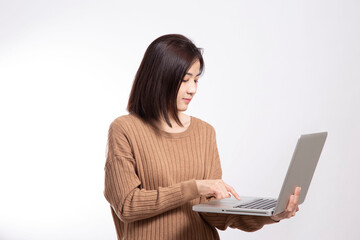 The Asian woman standing on the white background.
