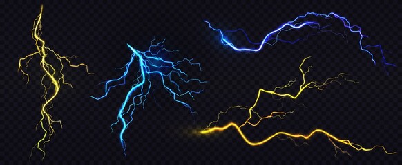 Lightnings, thunderbolt strikes during storm at night. Vector realistic set of blue and yellow electric impact, sparking discharge of thunderstorm isolated on dark transparent background - obrazy, fototapety, plakaty