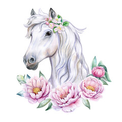 Obraz na płótnie Canvas White Horse, Unicorn with a wreath of flowers pink Peonies. Portrite. Watercolor. Digital art. Illustration. Template. Clipart. Flower arch, frame. Boho