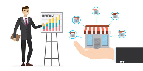 Franchise business concept. Hand holding shop, isolated on white background. Franchise marketing system. Popular business development model