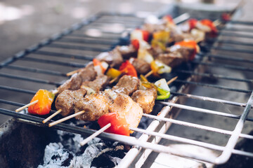 Grilling sticks of Kebab - meat and vegetables in skewers, over hot charcoal fire. Selective focus.