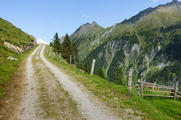 Fototapeta na wymiar Bergstraße in den Alpen mit Holzzaun