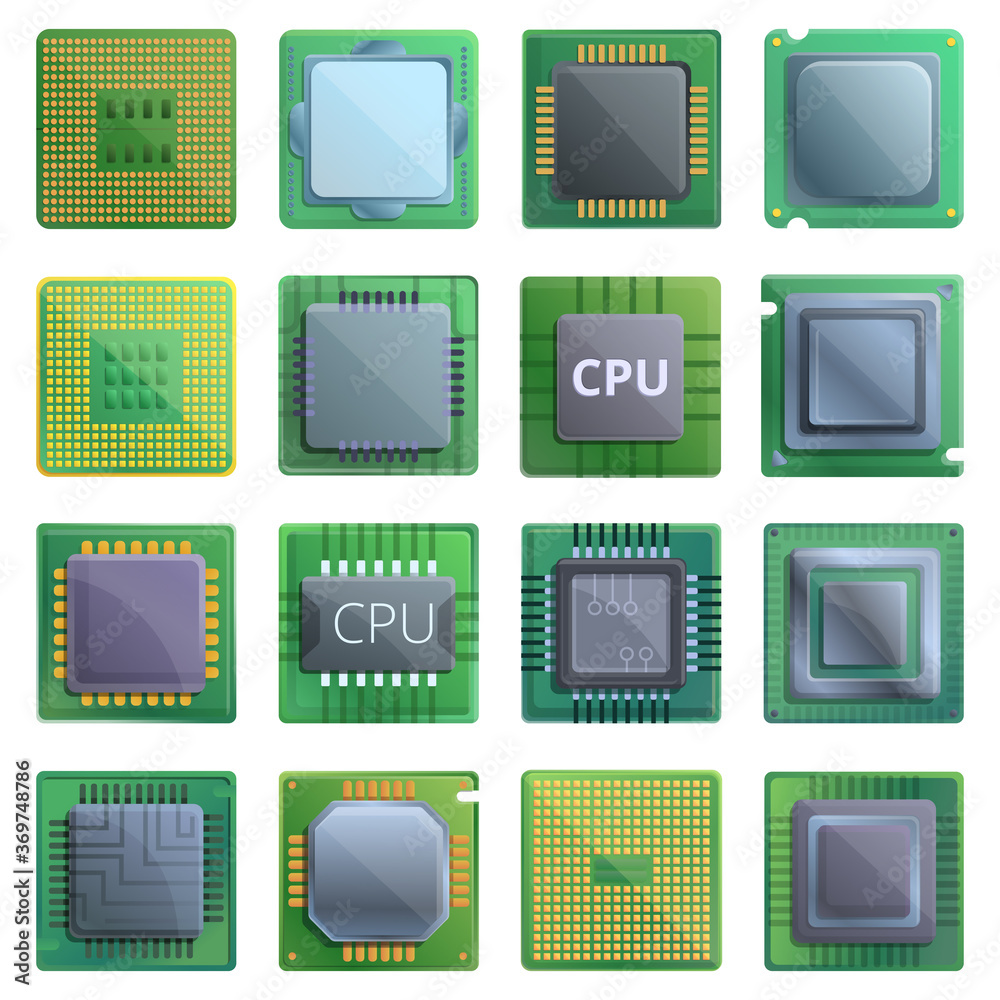 Poster processor icons set. cartoon set of processor vector icons for web design