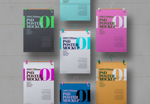 Posters Hanging on Clothesline Mockup