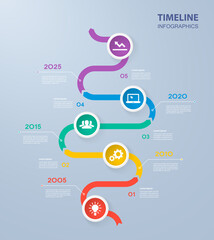 Infographics timeline template with realistic colorful circles for 5 steps and icons. Can be used for workflow layout, diagram, number options, step up options, web design, infographics, presentations