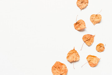 Autumn background made of dry yellow leaves. Flat lay, top view. Copy space for text.