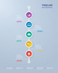 Infographics timeline template with realistic colorful circles for 5 steps and icons. Can be used for workflow layout, diagram, number options, step up options, web design, infographics, presentations