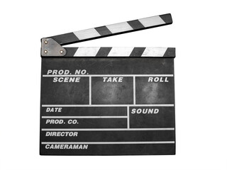 Fototapeta na wymiar Action, an Old Black Film Clapper, a Device Used in Film Production to Synchronize Image with Sound and Tag Scenes