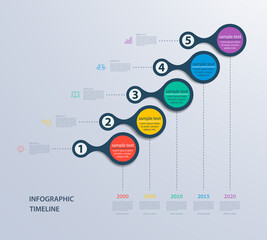 Infographics timeline template for 5 steps and icons. Can be used for workflow layout, diagram, number options, step up options, web design, infographics, presentations