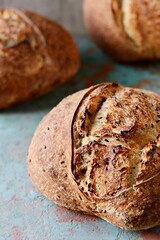 Homemade Freshly Baked Country Bread  made from wheat and whole grain flour on a dark background. French Freshly baked bread. 