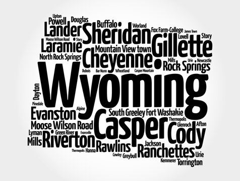 List of cities in Wyoming USA state, map silhouette word cloud, map concept background