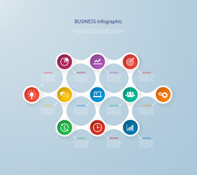 Infographics template with 11 realistic colorful circles for steps and icons. Can be used for workflow layout, diagram, number options, step up options, web design, infographics, presentations