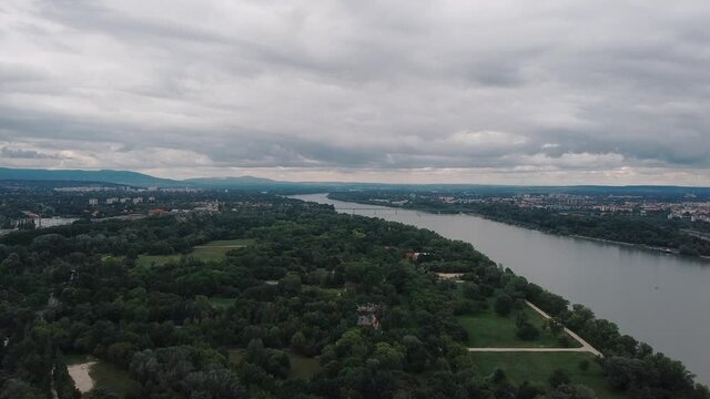 Aerial drone view of Hajogyari island and Megyeri Bridge in background,Budapest