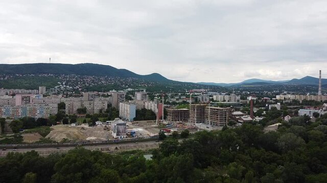 Aerial shot of construction site in Obuda District, building of huge housing complex in Budapest