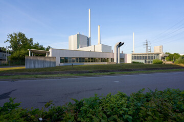 Altbach, Germany - May 08, 2020: EnBW Energy Baden Württemberg AG, heating power plant ( Kohle Heizkraftwerk ) Altbach / Deizisau, Near Esslingen at the Neckar.