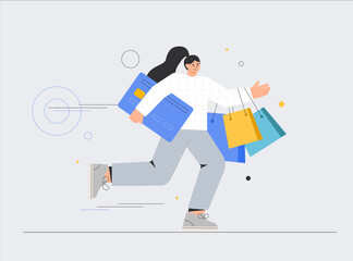 Concept of E-commerce and online shopping for bannerd, advertising, app, landing page. Woman with shopping bags and credit cards. People shop online. Flat style vector illustration.