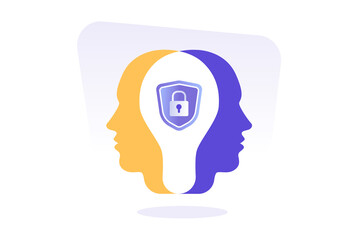 Human heads silhouette with lock icon. Cognitive psychology or psychiatry. Mental health. Privacy and safety. Introvert. Modern isolated flat vector illustration