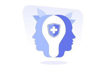 Human heads silhouette with medical shield icon. Cognitive psychology or psychiatry. Mental healthcare or healthy lifestyle. Modern isolated flat vector illustration