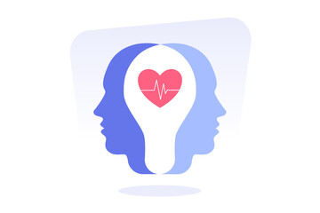 Human heads silhouette with medical heart shape icon. Cognitive psychology or psychiatry. Healthcare or healthy lifestyle. Modern isolated flat vector illustration