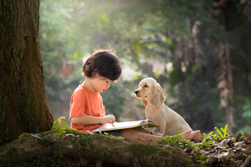Asian boy and dog. Kid read book. Child and puppy under tree. American Cocker Spaniel home pet. Domestic animal. School and education. Nature and park. Early learning. Summer outdoor. Best friends.