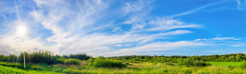 Large panoramic hdr landscape with meadow, forest, and dramatic sky at sunny day
