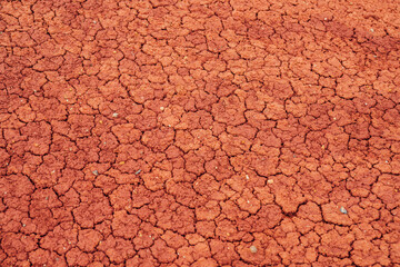 Nature background of cracked dry lands. Natural texture of soil with cracks. Broken clay surface of barren dryland wasteland close-up. Full frame to terrain with arid climate. Lifeless desert on earth