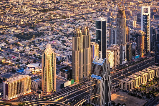 Aerial view of the skyscrapers along the Sheikh Zayed Road in Dubai, UAE