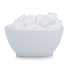 White bowl with sugar cubes on white background isolation