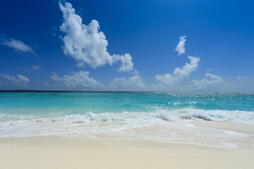 Fototapeta na wymiar Bright white sand and gentle ocean waves under deep blue cloudy sky of Maldives.