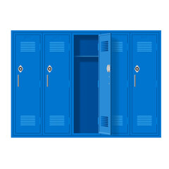 Blue Metal Cabinets with One Open Door. Lockers in School or Gym with Handles and Locks. Safe Box with Doors, Cupboard, and Compartment