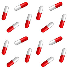 Naturalistic red and white capsule. Cure for diseases. Vaccine in pill. Seamless pattern. Vector Illustration