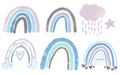  sky illustration with clouds, rain drops and rainbows Cute doodle decorative scandinavian print for textile, fabric, apparel kid nursery design