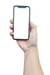 Man hand holding smartphone isolated on white with clipping path